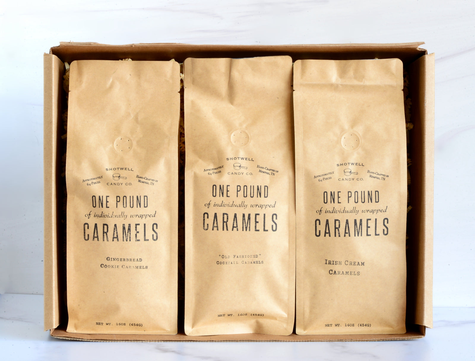 Box showing caramel packages