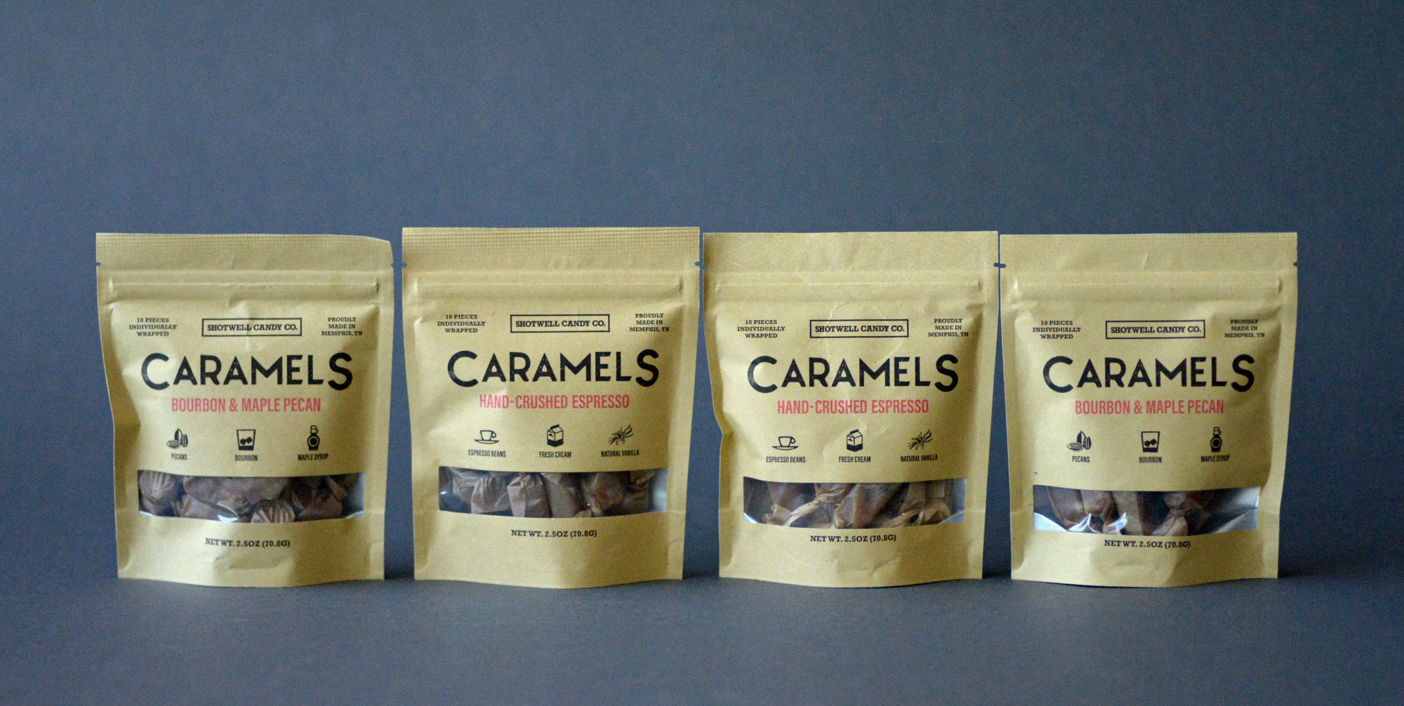 Four caramel pouches